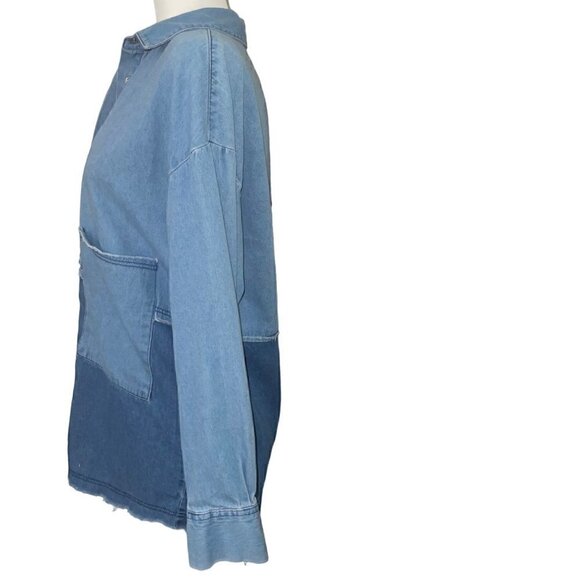 Zara Trafaluc Collection Distressed Two Toned Denim Button Down Shirt Size Mediu - Picture 4 of 8